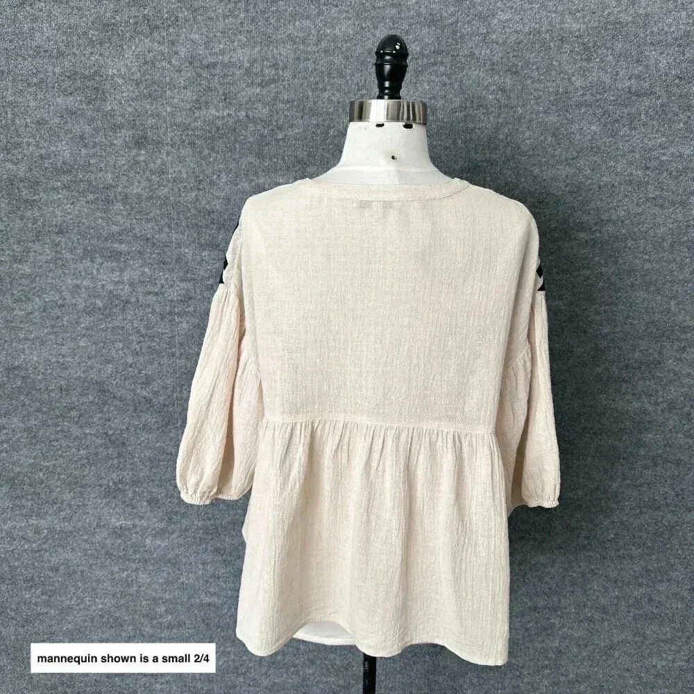 See And Be Seen Top Womens Small Cream Black Gauzy Geometric Peasant Boho Blouse - Picture 2 of 16